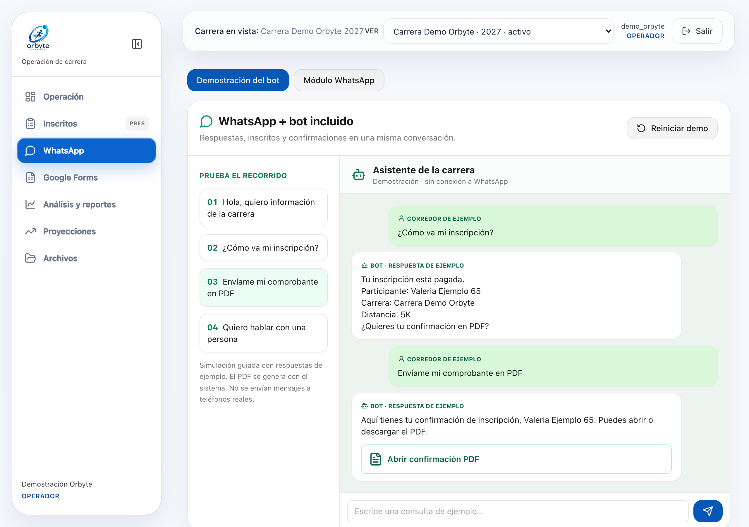 Captura de WhatsApp + bot en Orbyte Carreras con datos de demostración